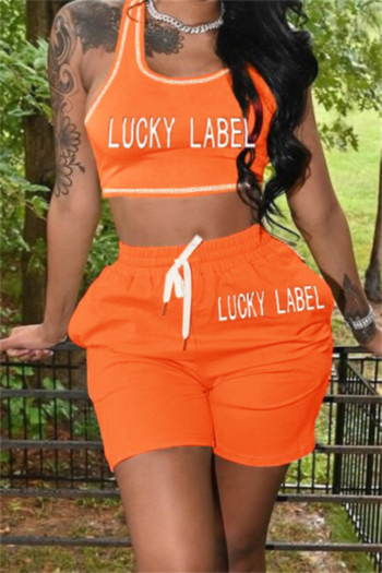 summer plus size six colors “lucky label” letter embroidered stretch lace-up waist pockets sports hot two-piece set