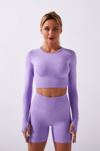 new solid color stretch high waist thumb holes long-sleeve fitness yoga skinny two-piece set