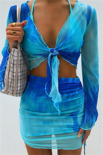 summer new six colors gradient tie-dye see through stretch drawstring sexy two-piece set (without lining)