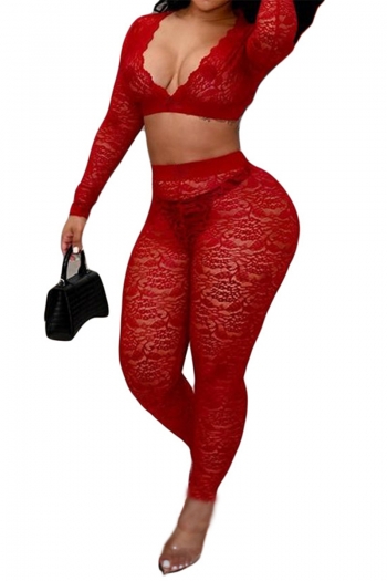 plus size see-through sexy lace deep v long sleeve two-piece set