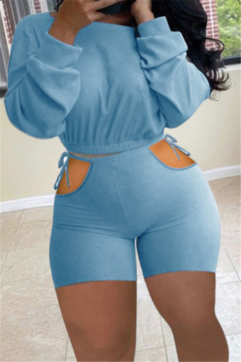 plus size 5 colors sexy solid hollow long sleeve two-piece set