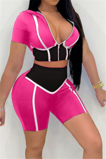 contrast color stitching plus size zip-up hooded simple sports two-piece set