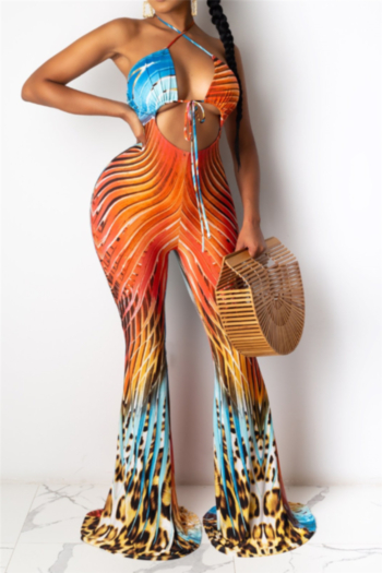 summer new stylish contrast color printing lace-up hollow out sexy jumpsuit