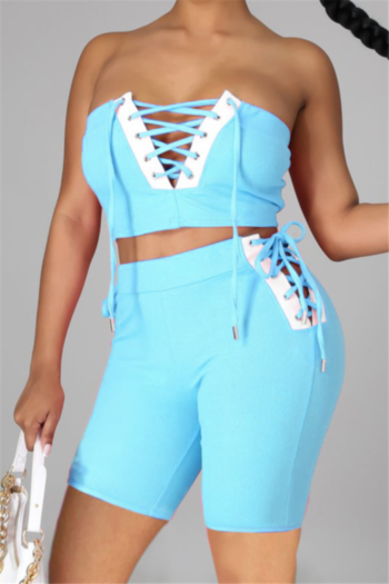 plus size 6 colors contrast color hollow out lace-up tube top with shorts sexy two-piece set