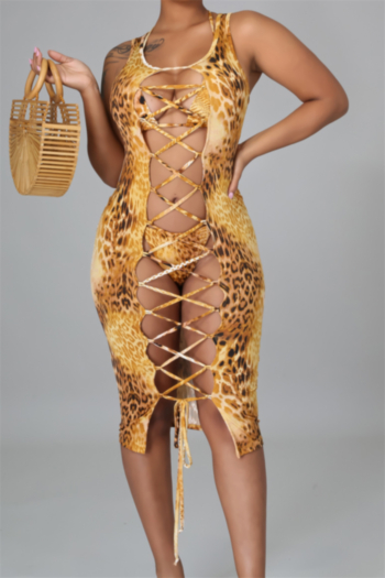 plus size new stylish leopard batch printing hollow out dress sexy three-piece set
