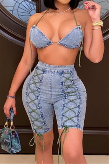 summer new stylish lace-up back zip-up tight sexy denim two-piece set