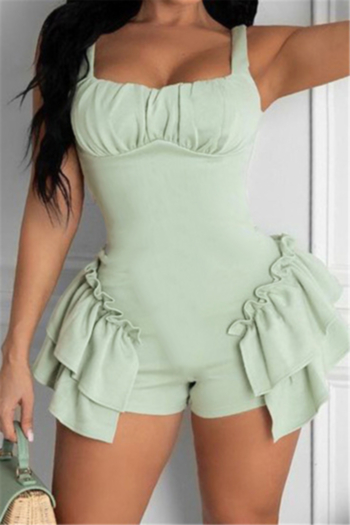 plus size 4 colors solid color ruffle back zip-up sleeveless stylish playsuit
