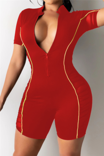 solid color stitching mesh see through plus size new stylish zip-up tight playsuit