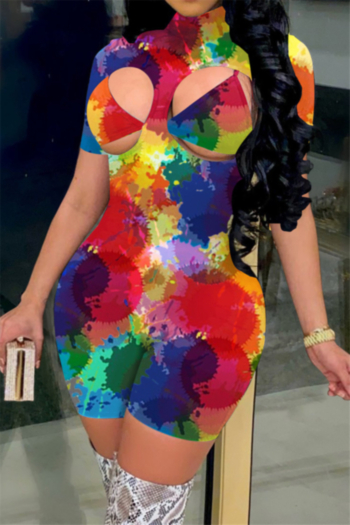 plus size new stylish multicolor batch printing hollow out half high collar sexy playsuit (with bra)