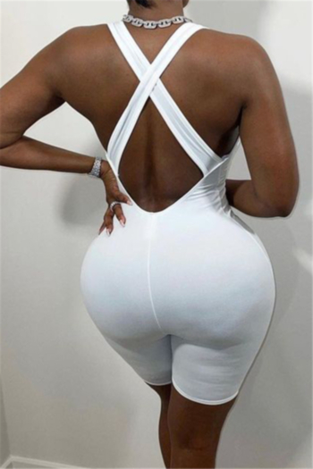 plus size summer pure color crossing back low cut tight stretch slim playsuit