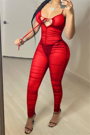plus size solid color lace-up low cut mesh see through no lining pleated sexy jumpsuit