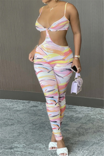 multicolor batch printing plus size hollow out sling summer low cut sexy jumpsuit