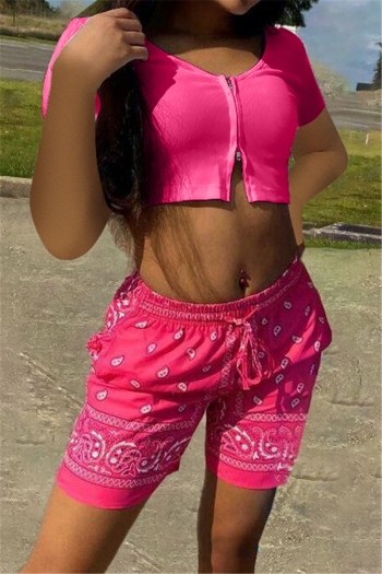 five colors summer solid color top with batch printing shorts laced fashion two-piece set