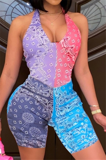 summer 2 colors new stylish batch printing contrast color halter neck tight playsuit