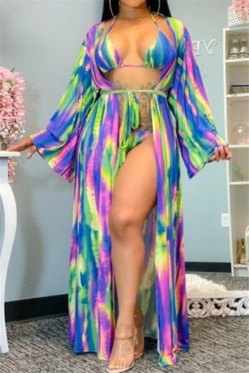 plus size new stylish long sleeve multicolor batch printing non padded sexy three-piece set (with belt)