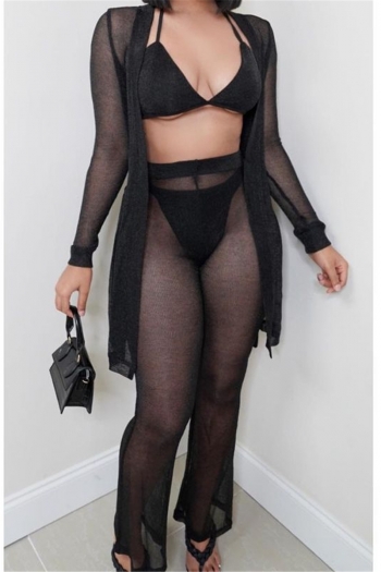 long sleeve solid color unpadded mesh see through new stylish sexy four-piece set