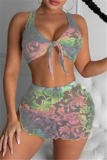 summer batch printing new fashion plus size mesh see through sexy two-piece set