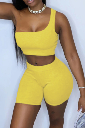 plus size 3 colors one shoulder top with shorts pure color fashion tight two-piece set