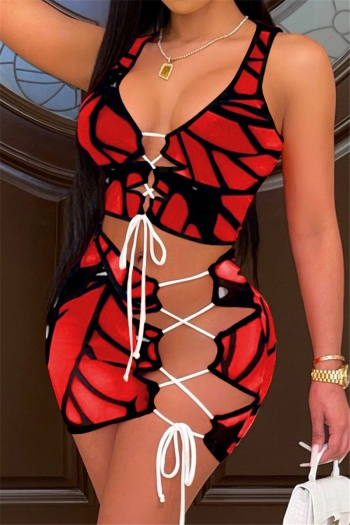 new style summer batch printing plus size hollow out lace-up sexy slim two-piece set