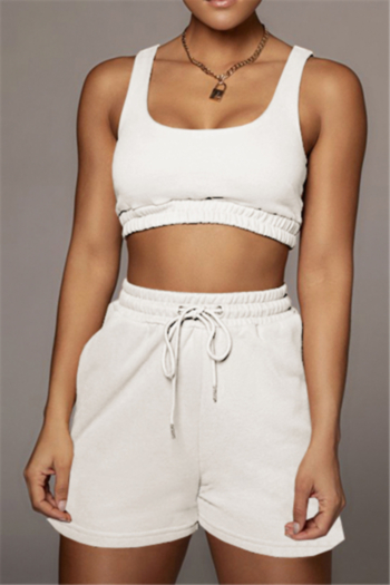 Plus size solid color U neck summer pockets laced two-piece set