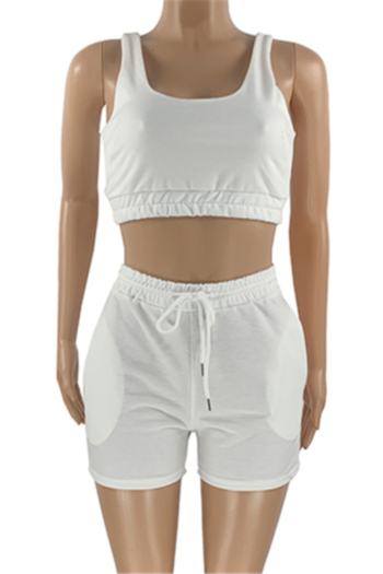 Plus size solid color U neck summer pockets laced two-piece set