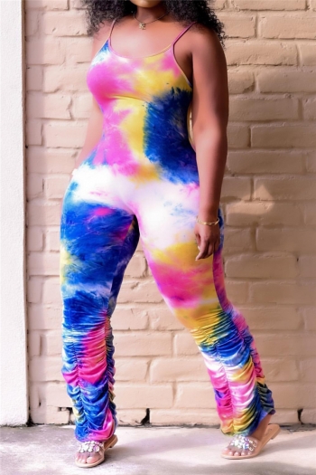 new style plus size fashion tie-dye batch printing sling pleated jumpsuit