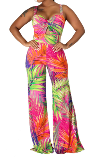 new style plus size plants batch printing back zip-up hollow out wide-leg jumpsuit