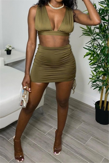 plus size summer solid deep v sleeveless drawstring sexy two-piece set