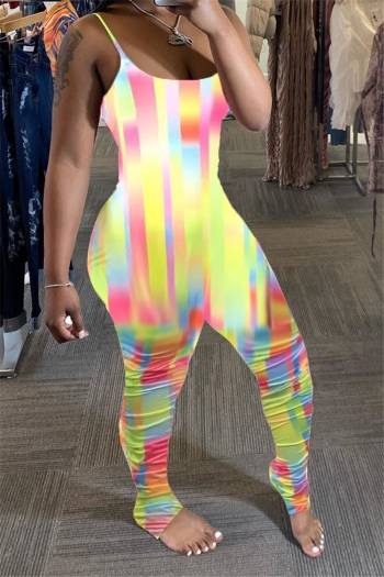 summer plus size new style multicolor batch printing sling low cut pleated jumpsuit