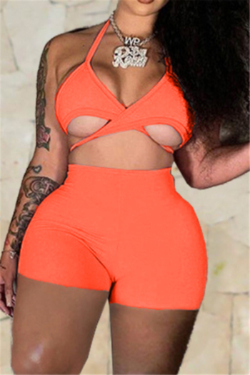 fashion plus size backless lace-up sexy low-cut camisole with tight shorts two-piece set