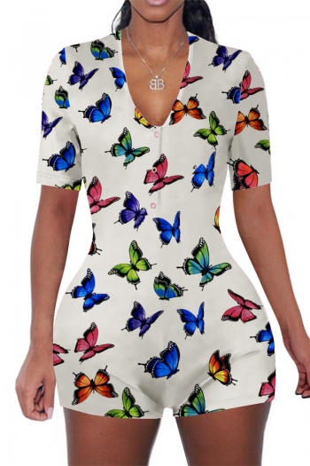 plus size new style short sleeve single breasted butterflies batch printing tight playsuit