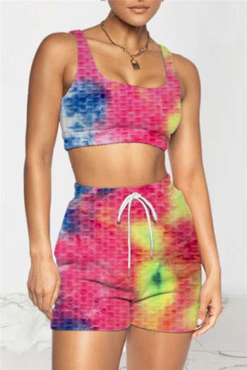 plus size 6 colors tie-dye batch printing lace-up shorts sleeveless stretch jacquard two-piece set