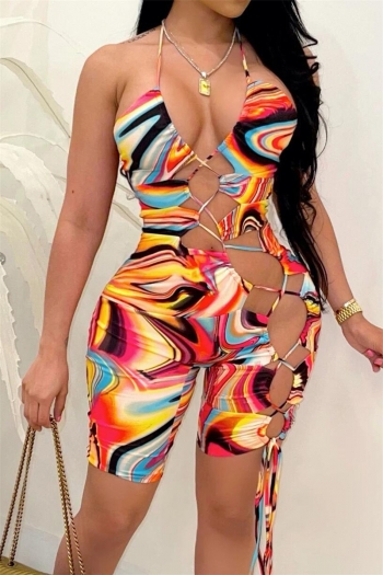 plus size multicolor batch printing halter neck hollow out lace-up sexy tight playsuit