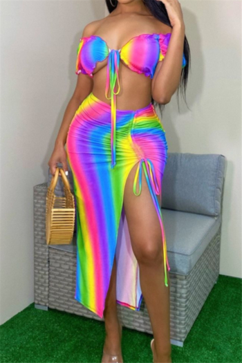 plus size multicolor batch printing summer tube top with irregular skirt sexy two-piece set