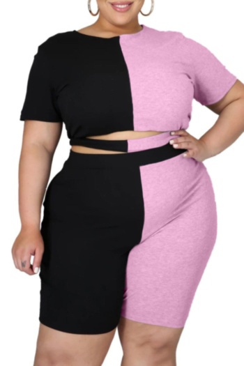 plus size contrast color stitching short sleeve simple round neck oversized casual two-piece set
