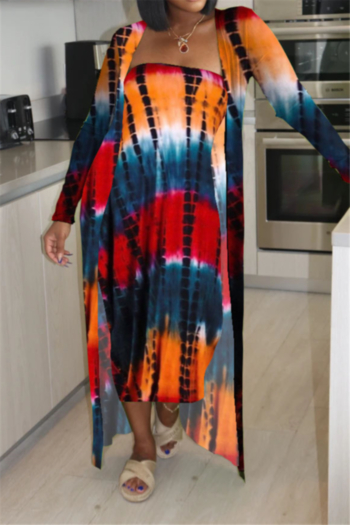 plus size multicolor batch printing strapless dress with long cardigan fashion two-piece set