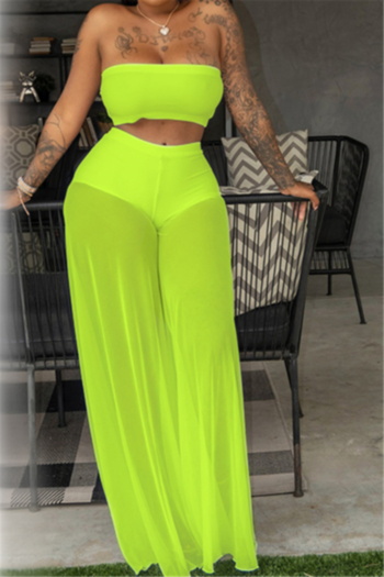 plus size 4 colors solid color tube top with wide-leg pants mesh stitching sexy two-piece set