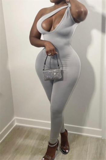 plus size summer solid color hollow out one shoulder tight sexy jumpsuit