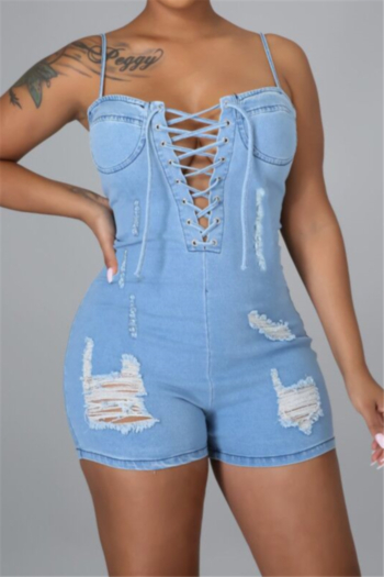 summer plus size new style fashion zip-up holes sexy denim playsuit