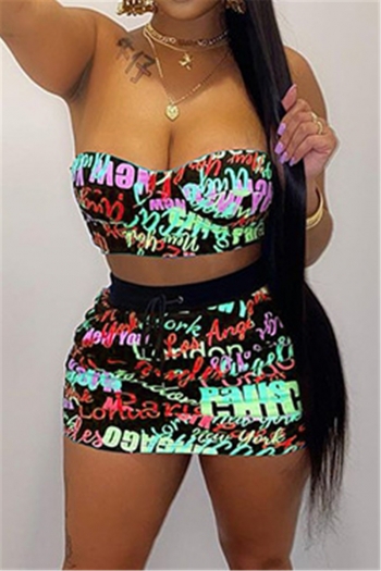 plus size new stylish summer letter batch printing tube top with slim skirt sexy two-piece set #1#