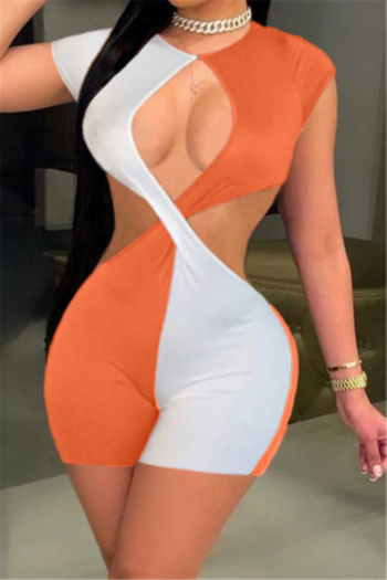 summer new stylish contrast color stitching hollow out crossing sexy zip-up tight playsuit