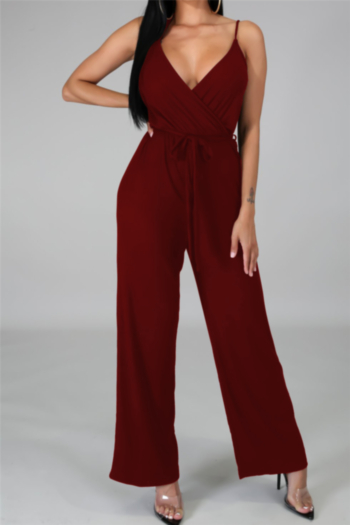 plus size 4 colors summer solid color sling deep v-neck wide leg sexy jumpsuit (with belt)