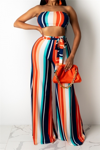 plus size new stylish multicolor batch printing tube top with pants two-piece set (with belt) #1#