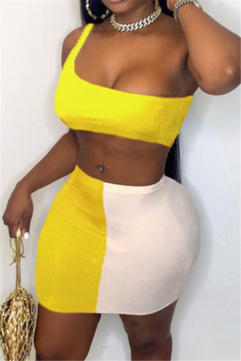 three colors summer new stylish contrast color stitching one shoulder sexy two-piece set