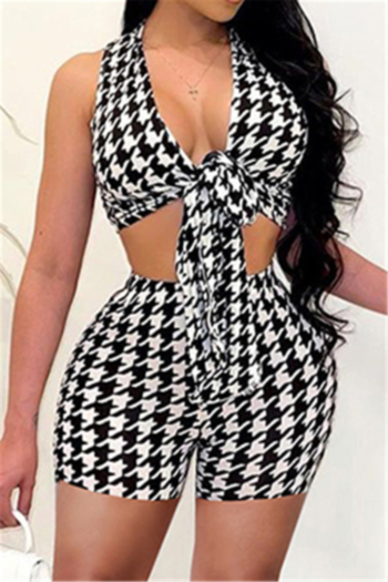 summer new style houndstooth batch printing lace-up vest with shorts two-piece set
