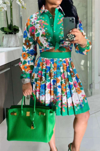 plus size new stylish flowers printed single breasted shirt with pleated skirt two-piece set