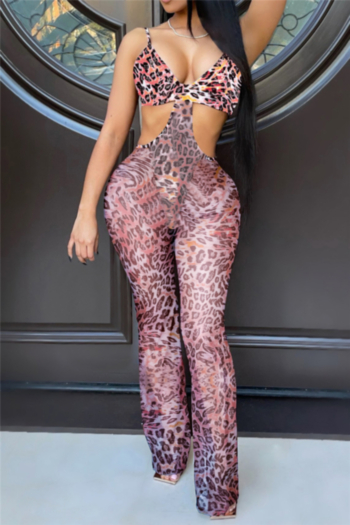 sexy plus size new style summer sling deep v neck leopard batch printed mesh fashion jumpsuit