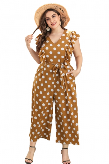 plus size new style summer dot batch printing ruffle sleeve wide leg oversized jumpsuit (with belt)