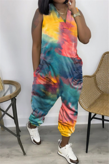 plus size new stylish multicolor tie-dye batch printing v-neck back zip-up jumpsuit #2#