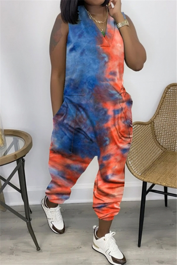 plus size new stylish multicolor tie-dye batch printing v-neck back zip-up jumpsuit #3#